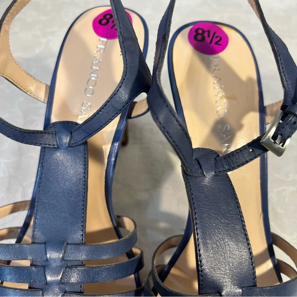 Franco Sarto Sandals Blue Leather Woven Strappy 4” Heels Buckle Closure 8.5👍